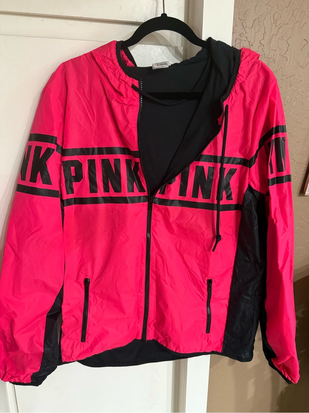 PINK Victoria's Secret Hot Pink and Black Hooded Windbreaker